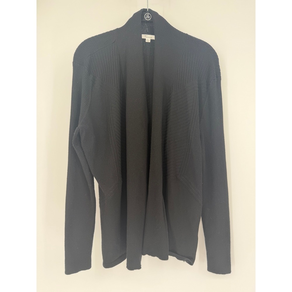 89th + Madison Womens Black Mixed Ribbed Open Front Cardigan Sweater Large